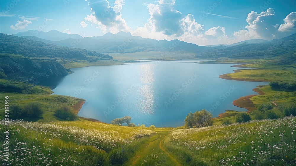 Poster a vast lake, rolling fields, and distant mountains creating a serene and breathtaking landscape.