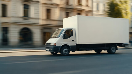 White delivery van speeds down a city street during the day, creating motion blur