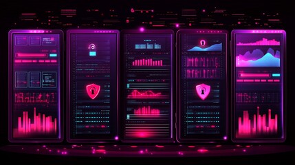 Fototapeta premium Four glowing smartphones with neon interfaces and data visualizations on black background.