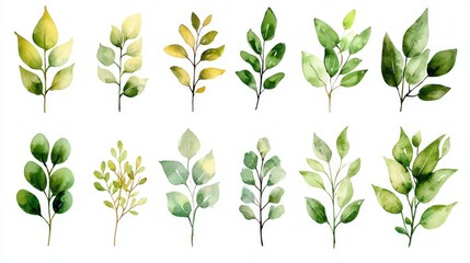 A collection of beautifully illustrated green leaves in various shades and shapes, showcasing botanical diversity and watercolor artistry.