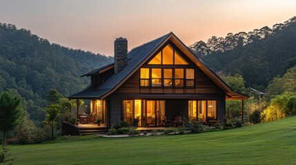 Obraz premium A peaceful rural home with smart lighting and energy-efficient appliances, demonstrating sustainable living in a remote natural environment.