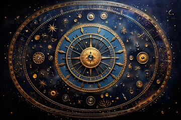 Fototapeta premium Intricate designs illustrate a galaxy with celestial symbols stars and a cosmic clock merging artistry with astronomical elements for a captivating effect
