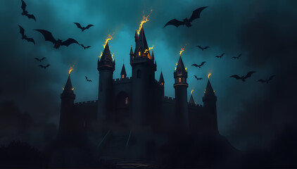 Fototapeta premium Dark Castle with Flaming Towers Ominously Looming Against Stormy Sky with Bats