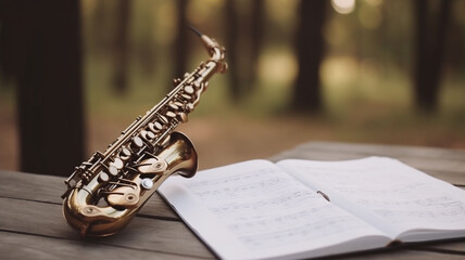 Fototapeta premium A saxophone is sitting on top of a sheet of music