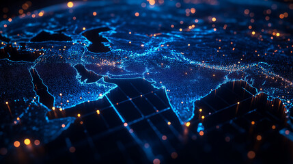 Fototapeta premium abstract network map of saudi arabia connecting middle east and north africa global data transfer concept digital illustration, Ai