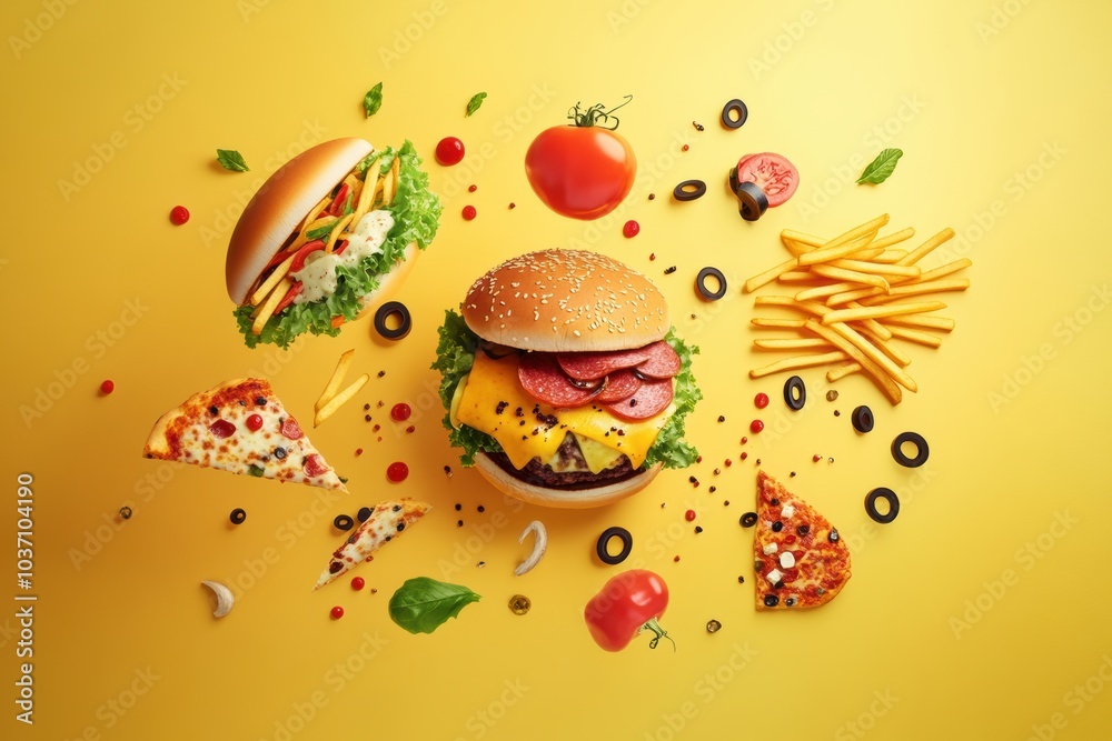 Poster colorful fast food elements like burgers, fries, and pizza spread out against a lively yellow backdr