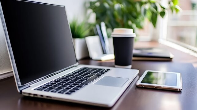 Laptop, tablet, and coffee cup on a desk.