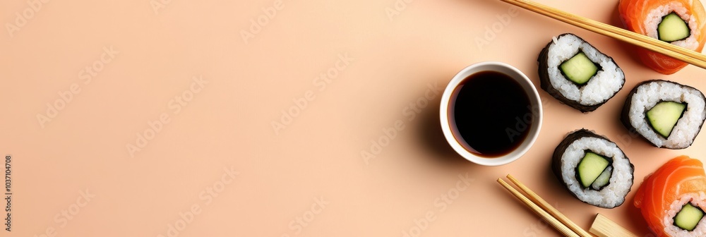 Poster a delicious sushi roll made with cucumber is paired with a small bowl of soy sauce and chopsticks, c
