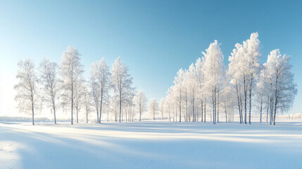 Obraz premium A serene winter landscape with snow-covered birch trees standing tall against a clear blue sky.