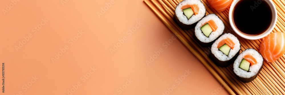 Aufkleber a beautifully arranged sushi roll featuring cucumber, served with soy sauce on a colorful background