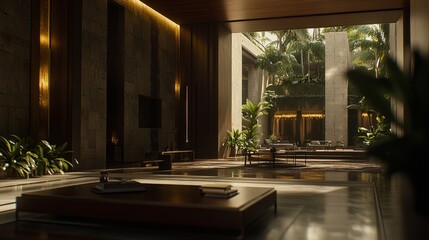 Fototapeta premium Modern living room with large windows overlooking a tropical garden.