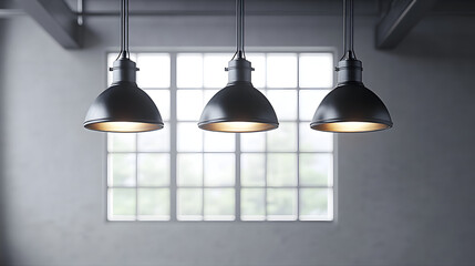 Obraz premium Three hanging metal lamps illuminating a grey loft interior. 3D Rendering