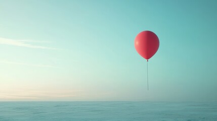 Fototapeta premium Red Balloon Floating in a Vast Tranquil Sky at Dawn