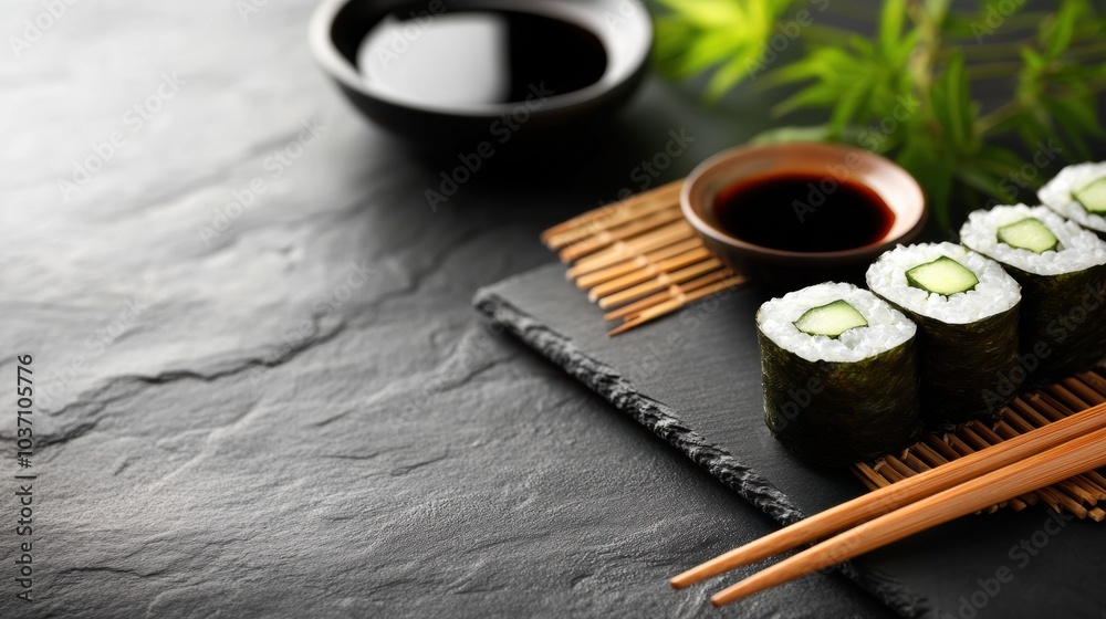 Poster delicious cucumber sushi rolls arranged neatly on a slate platter accompanied by a soy sauce bowl an