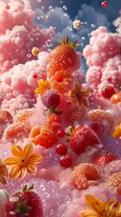 Fototapeta premium Surreal Still Life: Strawberries and Raspberries in a Dreamy World