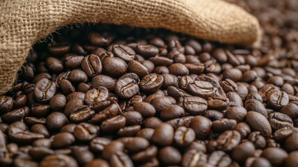Fototapeta premium Roasted coffee beans spilling from burlap sack
