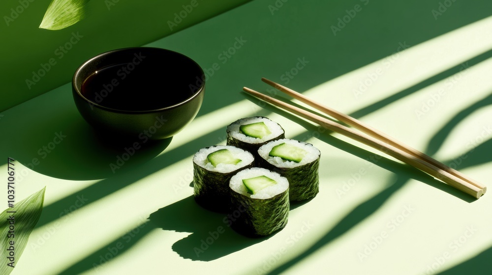 Poster Sushi rolls filled with cucumber are elegantly arranged with chopsticks and soy sauce on a bold green backdrop, casting soft shadows. Generative AI