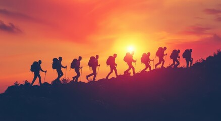 Fototapeta premium A silhouette of an open group hiking up the mountain together, with each member moving forward in their own way against a backdrop of sunset sky, symbolizing unity and adventure. 