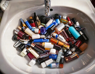 White sink filled with many bottles of skincare products