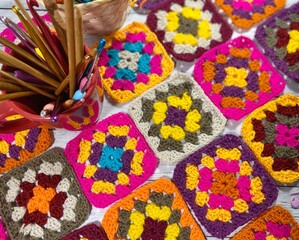 Crocheting, bright multicolor photo with scissors decor handmade handiwork craft hobby 