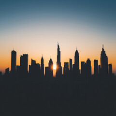 Fototapeta premium The towering cityscape as the sun rises behind tall buildings