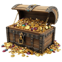 Treasure chest overflowing with gold coins, transparent background, white background