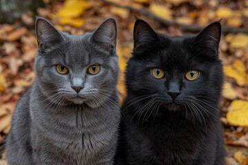 Two Domestic Cats with Yellow Eyes and Gray and Black Fur