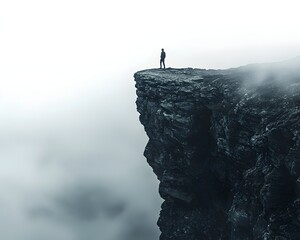 Solitary Figure at the Edge of a Foggy Cliff Representing Curiosity and Doubt