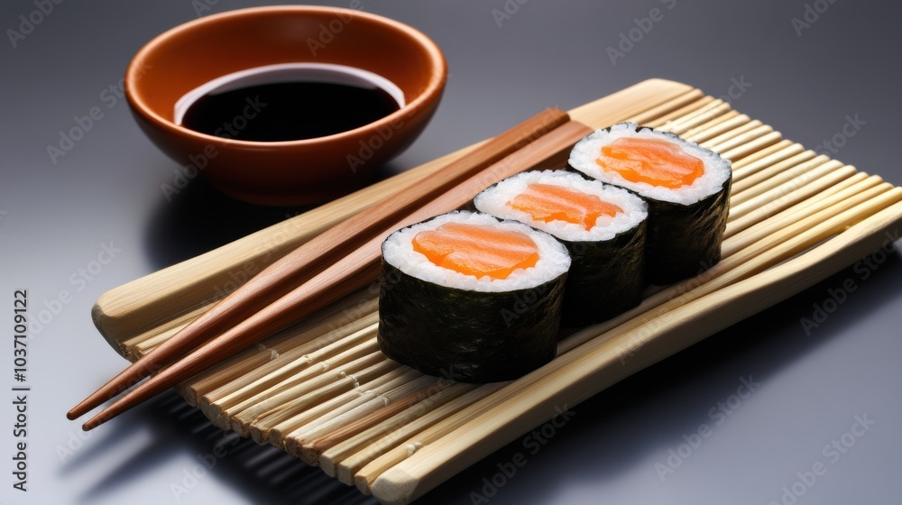 Aufkleber savor the flavors of a fresh sushi roll with cucumber, accompanied by a bowl of soy sauce and chopst