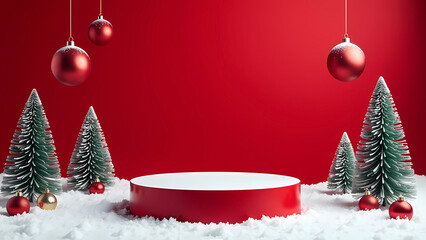 Christmas red background with cylindrical podium for promotion. Round stage for presentation sale product. platform in snow between little Xmas trees, big glass balls hanging in red background