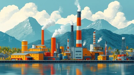 Minimalist industrial scene featuring geometric shapes, muted colors, and an organized layout emphasizing simplicity and modernity