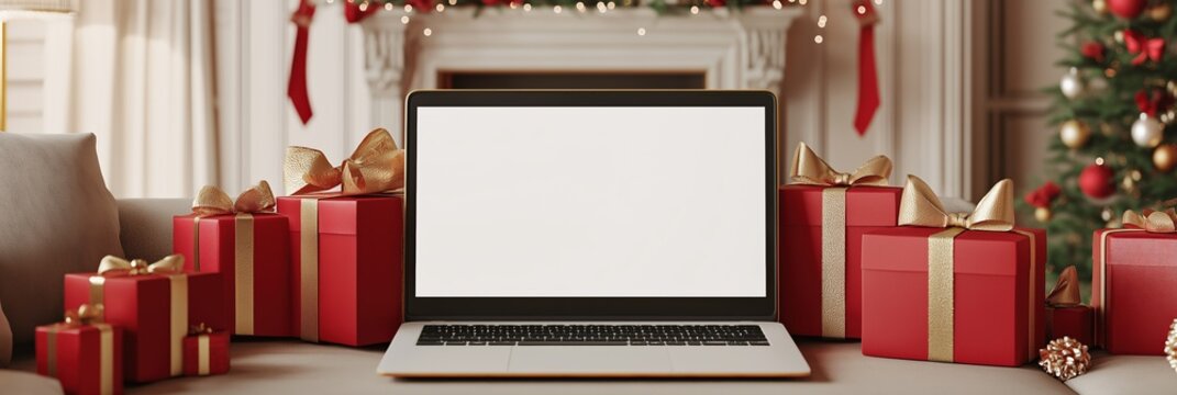 A laptop is on a table next to a Christmas tree and presents. The laptop is open and the screen is blank. Concept of anticipation and excitement for the upcoming holiday season - Powered by Adobe