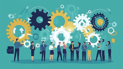 Businesspeople collaborating amidst a network of interlocking gears