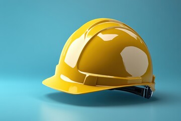 Fototapeta premium Bright yellow hard hat placed against a blue background highlighting construction safety gear
