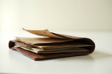 A worn leather wallet on a white background
