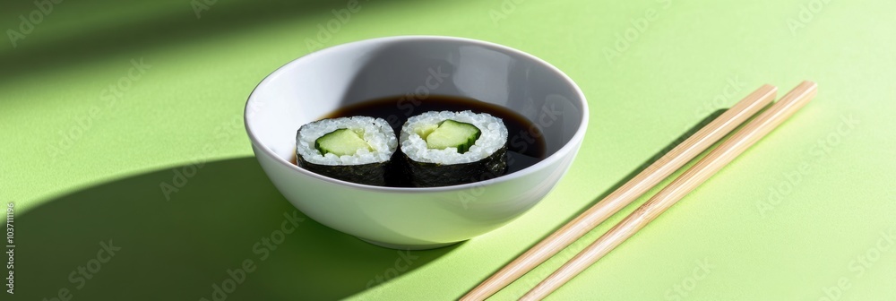 Poster enjoy a delicious japanese sushi roll filled with cucumber and served with soy sauce and chopsticks,