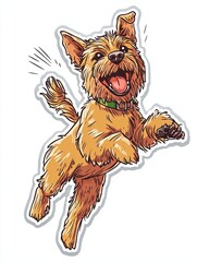 A joyful, cartoon-style illustration of a brown dog jumping with a happy expression.