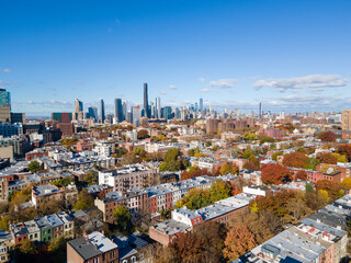 Aerial landscape of Prospect Heights Bedford Brooklyn Skylines during fall in New York City