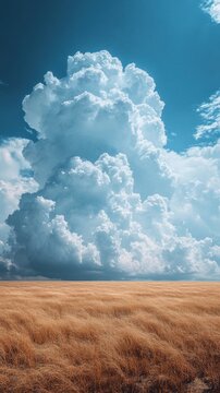 Desolate desert landscape under dynamic rolling clouds, sparse structures create a stark contrast against the vast sky