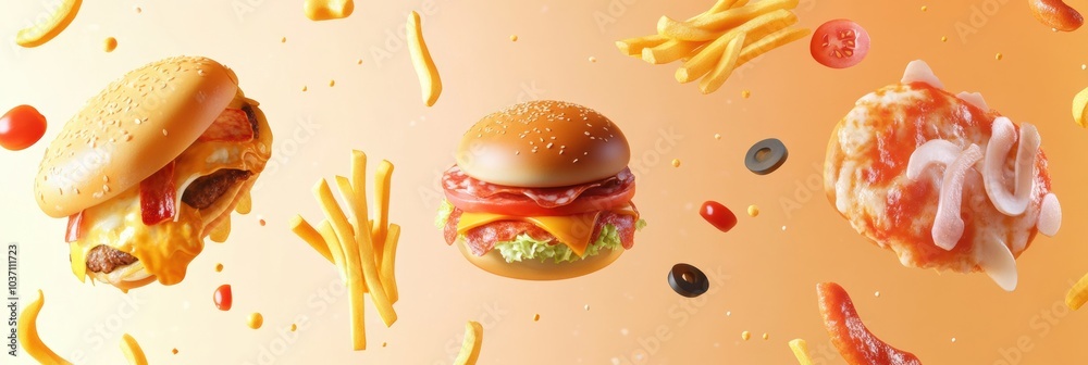 Poster bright abstract representations of popular fast food items like burgers, fries, and pizza float agai