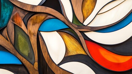 Abstract Wooden Wall Art with Curved Shapes and Vibrant Colors