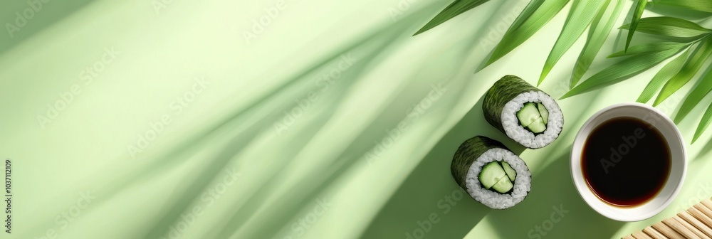 Aufkleber enjoy a flavorful japanese sushi roll filled with fresh cucumber, accompanied by a bowl of soy sauce