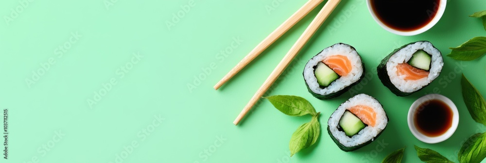 Poster savor the taste of sushi rolls filled with cucumber, accompanied by soy sauce and chopsticks, perfec