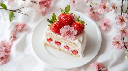 Strawberry sweet food in small plate and pink flowers. Close-up white cake on white background 