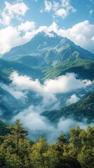 Fototapeta premium Serene Mountain Vista with Billowing Clouds, tranquil landscape, expansive sky, soft hues, peaceful atmosphere, nature's beauty on display