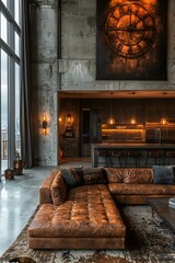 A stylish contemporary living room featuring a brown leather sectional, industrial decor, and warm lighting, creating a cozy yet modern atmosphere.