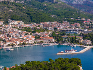 Aerial drone photo of the bay and coastal town of Makarska in Croatia.