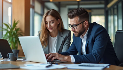 Looking at a computer during an office meeting, two professional executive team business professionals are working hard on analyzing the finances of their company. Expert supervisor utilizing laptop t