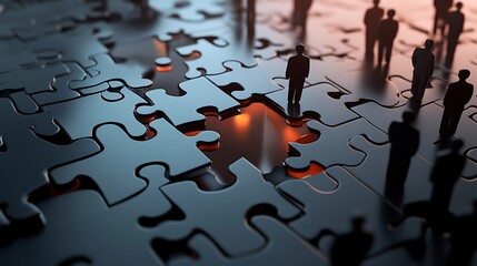 Silhouette Figures Standing on a Puzzle with a Missing Piece