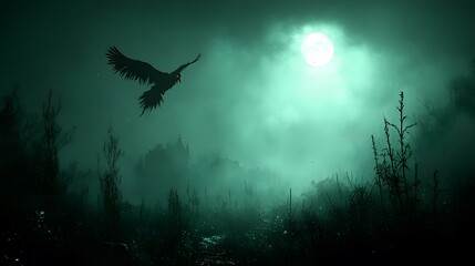 Fototapeta premium Mysterious Night with Raven and Full Moon